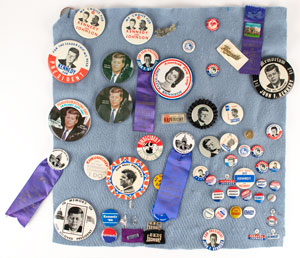 Lot #33 John F. Kennedy Memorabilia Collection: Pins, Cards, Masks, and Tapestry - Image 9