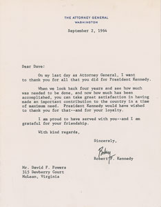 Lot #65 Robert F. Kennedy Typed Letter Signed to Dave Powers on Last Day as Attorney General - Image 1