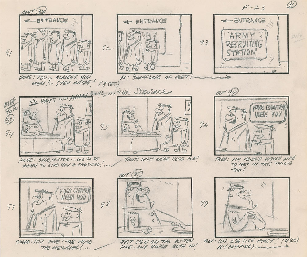 Lot #758 Fred Flintstone and Barney Rubble production storyboard drawing from The Flintstones