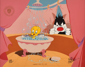 Lot #942 Sylvester and Tweety Serigraph Cel from 'Peeping Tom II' signed by Friz Freleng