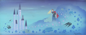 Lot #900 Eyvind Earle concept painting of Sleeping Beauty and Prince Phillip from Sleeping Beauty - Image 1