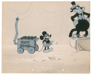 Lot #783 Mickey Mouse and Kat Nipp custom-painted cel and production background from The Karnival Kid
