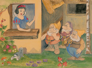 Lot #813 Snow White, Doc, Grumpy, and Happy concept drawing by Frank Follmer for Snow White and the Seven Dwarfs