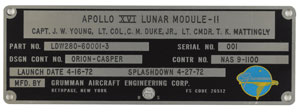 Lot #8344  Apollo 16 Flown Lunar Module Grumman Identification Plate