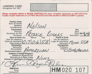 Lot #9297  Prince Signed UK Customs Card