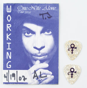 Lot #9306  Prince 'One Nite Alone...Tour' Stage-Used Guitar Picks and Backstage Pass - Image 1