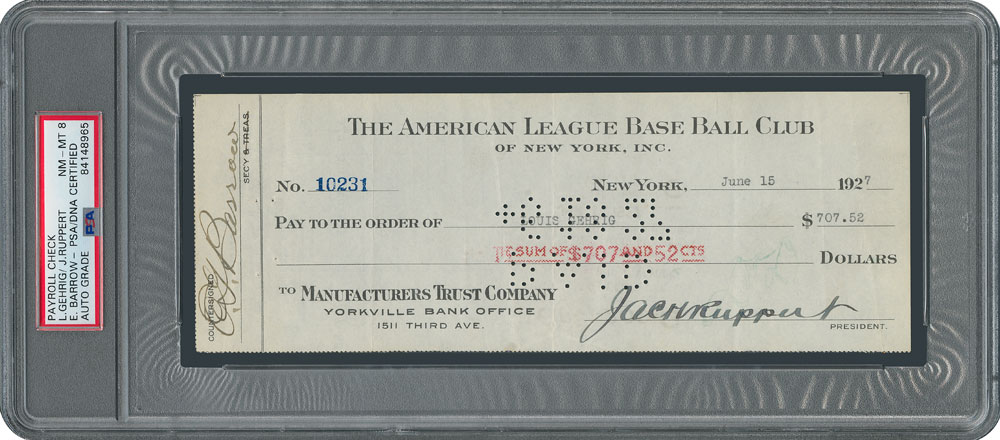 Lot #1073 Lou Gehrig Signed 1927 NY Yankees Payroll Check - PSA/DNA NM-MT 8