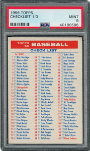 Lot #6353  1956 Topps Checklist 1/3 - PSA MINT 9 - None Higher! - Image 1