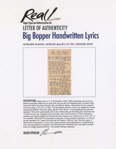 Lot #484  Big Bopper Handwritten Lyrics - Image 4