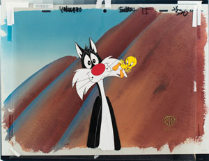 Lot #1106 Sylvester the Cat and Tweety production cel from a Warner Bros. cartoon - Image 1