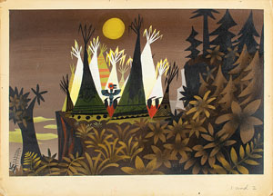Lot #935 Mary Blair concept painting of Native American villages from Peter Pan