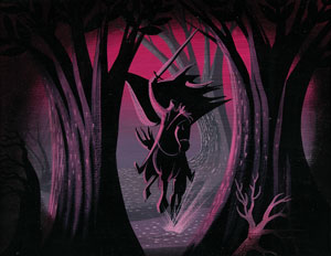 Lot #921 Mary Blair concept painting of the Headless Horseman from The Adventures of Ichabod and Mr. Toad (1949) and matching Walt Disney Company giclee