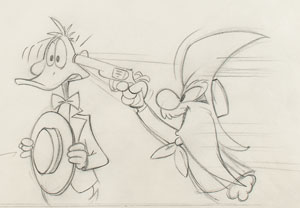 Lot #1095 Daffy Duck and Yosemite Sam production drawing signed by Friz Freleng - Image 2