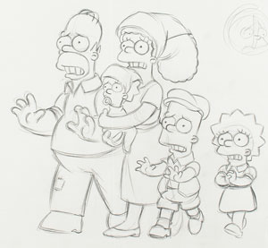 Lot #1138 Homer, Marge, Maggie, Lisa, and Bart production drawing from Simpsons - Image 2