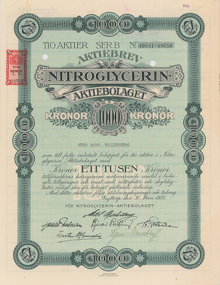 Lot #2027 Alfred Nobel: Nitroglycerin Aktiebolaget Stock Certificate