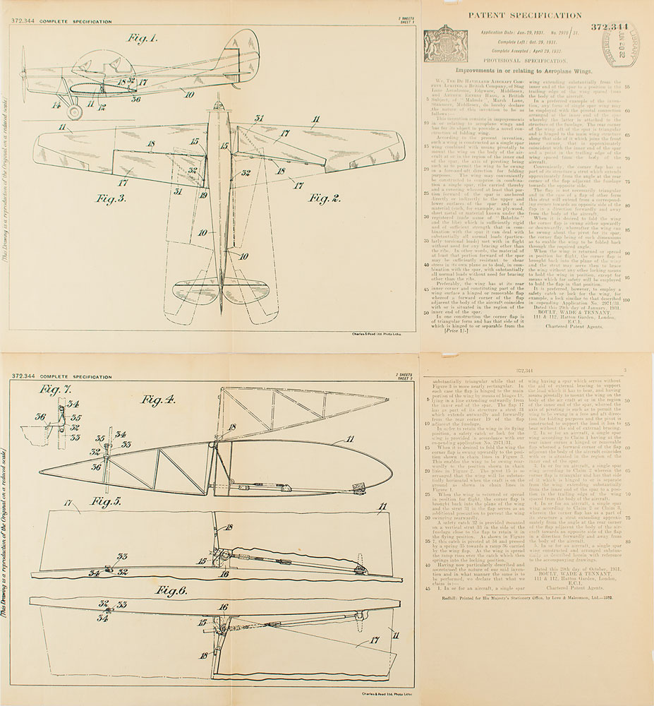 Lot #2064  DeHavilland Aeroplane Patent Lithograph and Specification Document