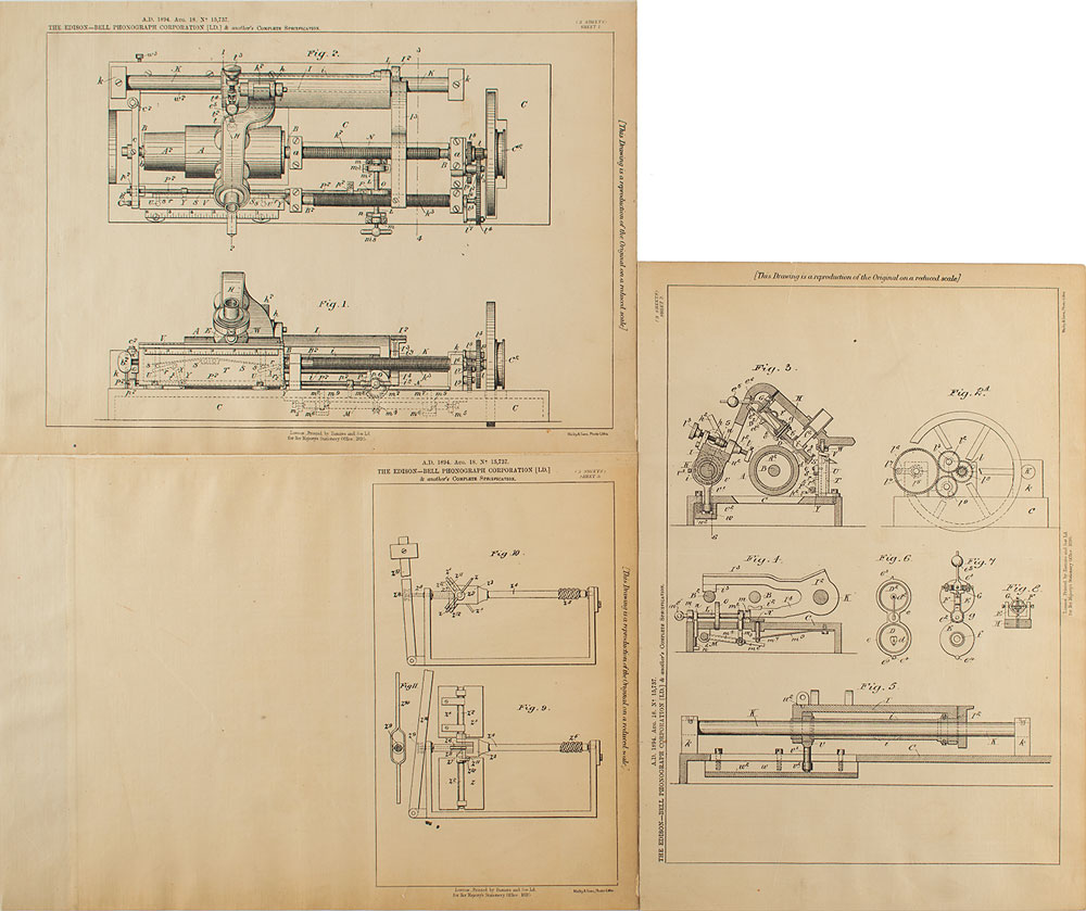 Lot #2067 Thomas Edison and Alexander Graham Bell Phonograph Shaft Patent Lithograph