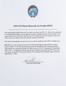 Lot #2301  STS-115 Flown Broccoli Au Gratin - Image 3
