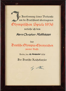 Lot #4248  Berlin 1936 Summer Olympics German Olympic Medal Certificate - Image 1