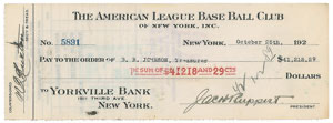 Lot #4097 Jacob Ruppert and T. L. Huston Signed Check - Image 1