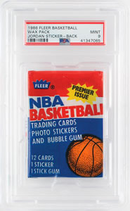 Lot #4163  1986 Fleer Basketball Wax Pack with Michael Jordan Sticker PSA MINT 9 - Image 1