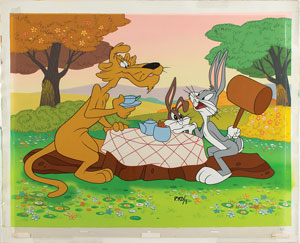 Lot #626 Bugs Bunny, Shorty, and Pete Puma master background set-up and drawing entitled How Many Lumps - Image 1