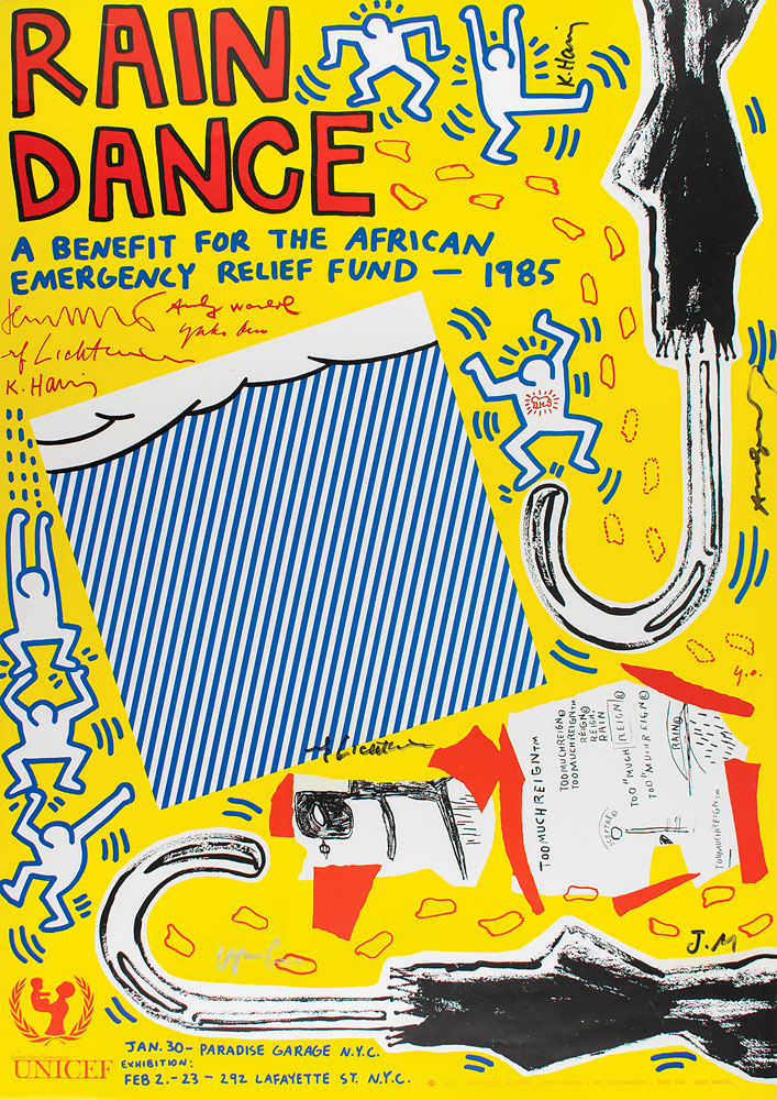 Lot #3048  Haring, Warhol, Lichtenstein, Basquiat, and Ono Signed 'Rain Dance' Poster