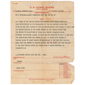 Lot #3018  USCGC Eastwind: Captured German Telegraph Key and VJ Day Dispatch - Image 5