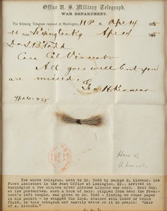 Lot #3013 Abraham Lincoln Lock of Hair and 'Bloody' Assassination Telegram