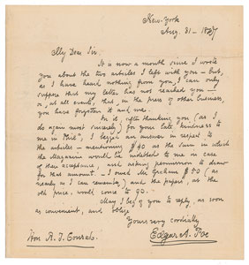 Lot #506 Edgar Allan Poe Autograph Letter Signed