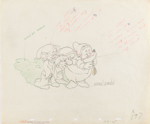 Lot #630 Dopey, Grumpy, and Doc production drawing from Snow White and the Seven Dwarfs signed by Marc Davis - Image 1