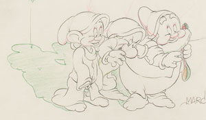 Lot #630 Dopey, Grumpy, and Doc production drawing from Snow White and the Seven Dwarfs signed by Marc Davis - Image 2