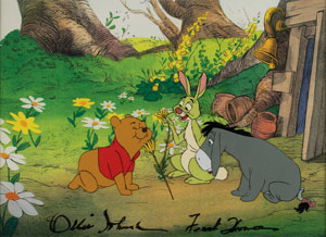 Lot #683  Winnie the Pooh, Rabbit, and Eeyore production cel and matching drawings signed by Frank Thomas and Ollie Johnston - Image 1