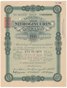 Lot #187  Nobel: Nitroglycerin Aktiebolaget Stock Certificate - Image 1