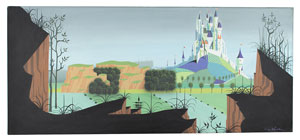 Lot #556 Eyvind Earle concept storyboard painting of Princess Aurora's castle from Sleeping Beauty