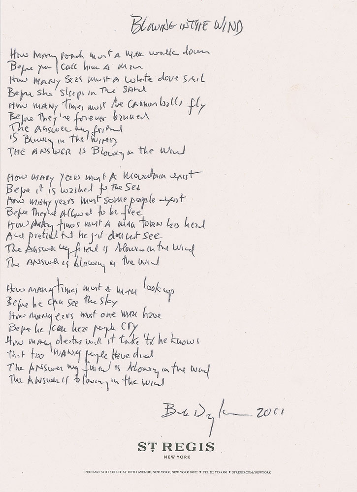 Bob Dylan Handwritten Lyrics for 'Blowin' in the Wind'