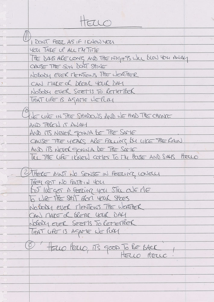 Noel Gallagher Handwritten Lyrics for (What's the Story) Morning Glory? |  Sold for $20,831 | RR Auction