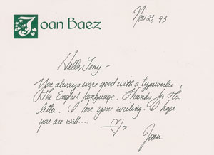 Lot #5125 Joan Baez Autograph Letter Signed - Image 1