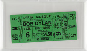 Lot #5283 Bob Dylan 1966 Pittsburgh Unused Ticket - Image 1