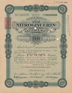 Lot #188  Nobel: Nitroglycerin Aktiebolaget Stock Certificate - Image 1