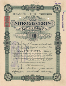 Lot #164  Nobel: Nitroglycerin Aktiebolaget Stock Certificate