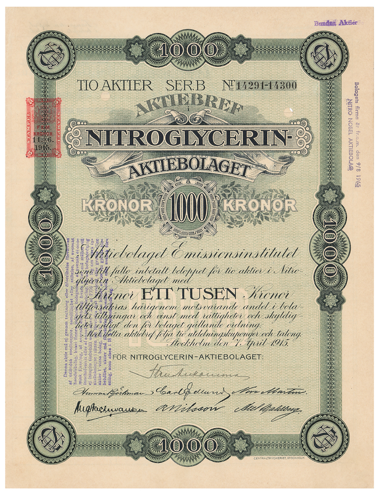 Lot #104  Nobel: Nitroglycerin Aktiebolaget Stock Certificate