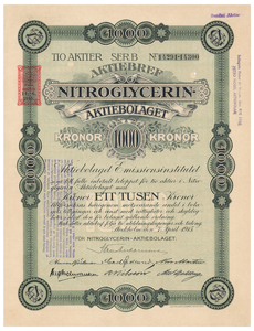 Lot #104  Nobel: Nitroglycerin Aktiebolaget Stock Certificate - Image 1