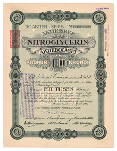 Lot #190  Nobel: Nitroglycerin Aktiebolaget Stock Certificate
