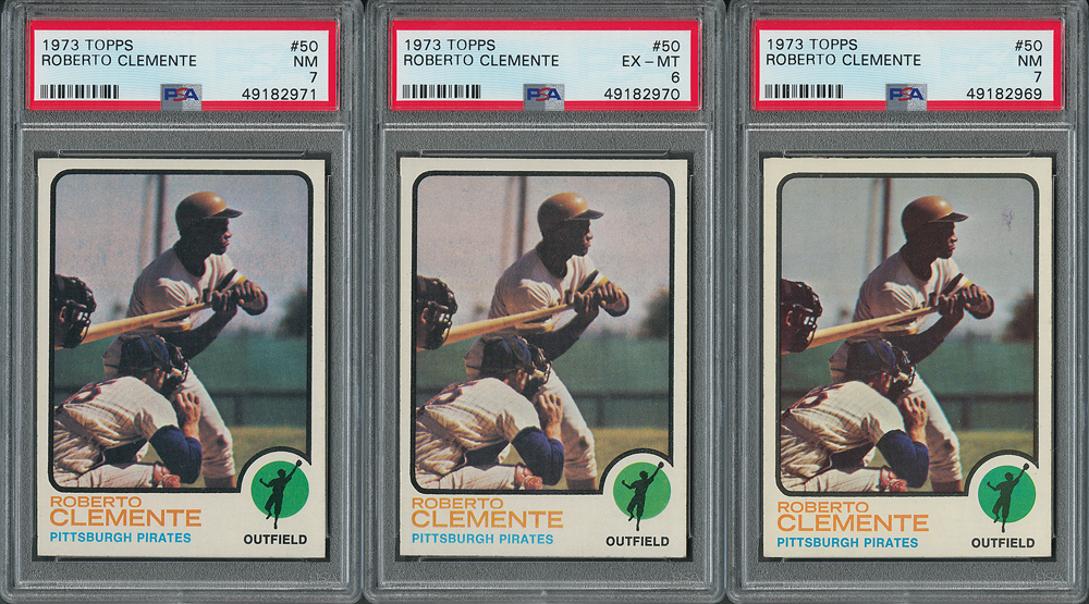 Lot #9063  1973 Topps #50 Roberto Clemente PSA NM 7 (2) and PSA EX-MT 6 (1)