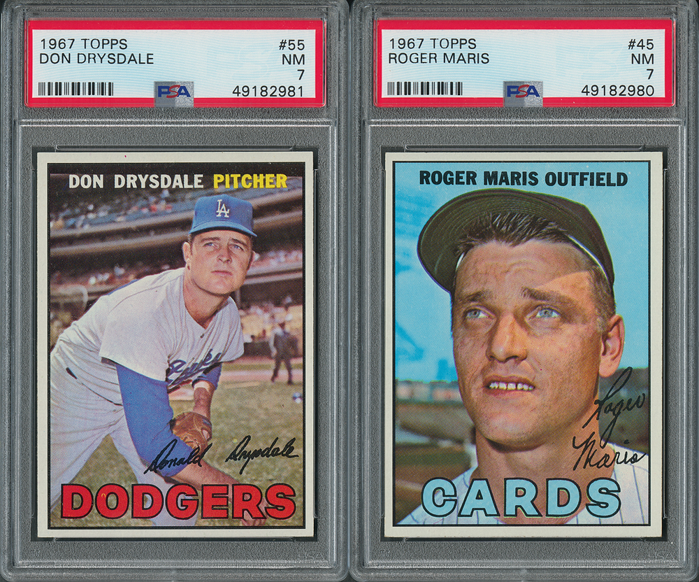 Lot #9061  1967 Topps #45 Roger Maris and #55 Don Drysdale - Both PSA NM 7