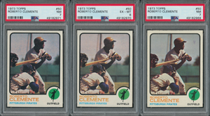 Lot #9063  1973 Topps #50 Roberto Clemente PSA NM 7 (2) and PSA EX-MT 6 (1) - Image 1