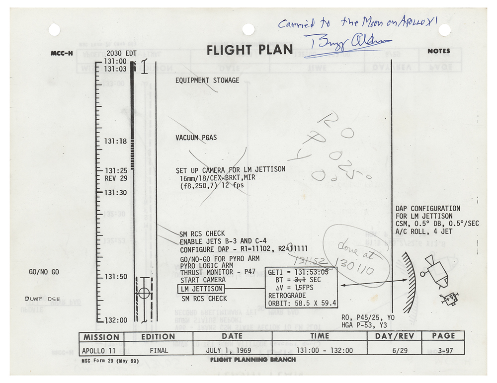 Lot #3177 Buzz Aldrin's Apollo 11 Lunar Orbited Flight Plan Page