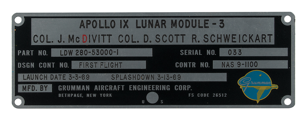 Lot #3151  Apollo 9 Flown Lunar Module Grumman Identification Plate