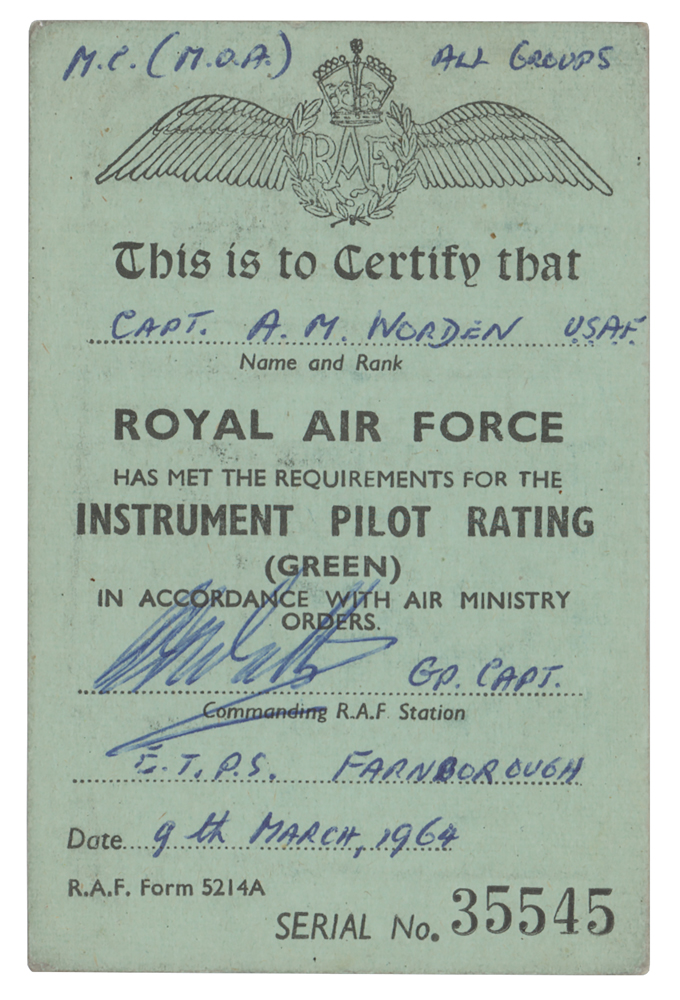 Lot #3328 Al Worden's Signed RAF Instrument Pilot Rating Card